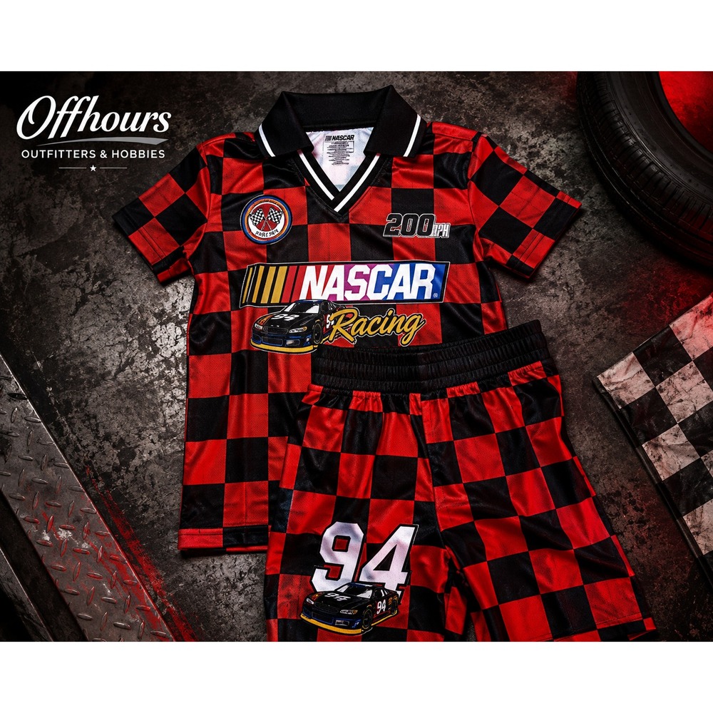 NASCAR Kids Racing Jersey Shirt & Shorts Set Red Black Checkered #94 Size 6 / 7